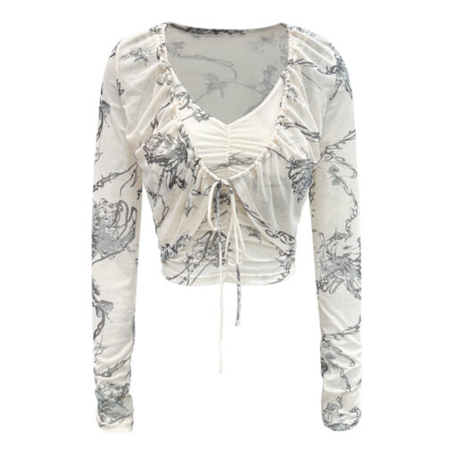 Two piece set, breathable mesh, ink printed long sleeved fitness cover, pleated strap sun protection yoga set - Image 4