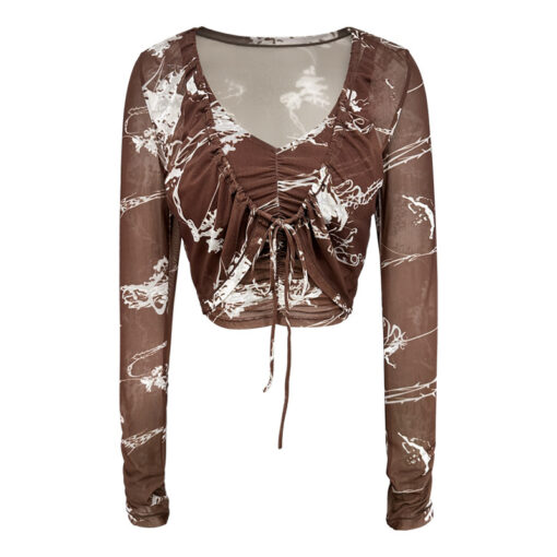 Two piece set, breathable mesh, ink printed long sleeved fitness cover, pleated strap sun protection yoga set - Image 3
